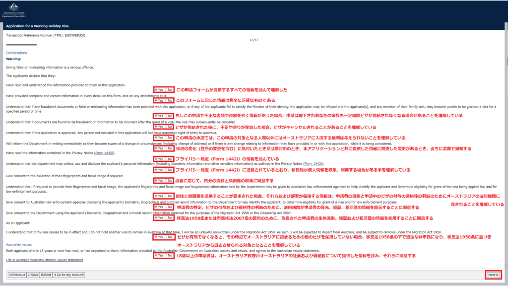 ワーキングホリデービザ申請フォームについて宣言する画面